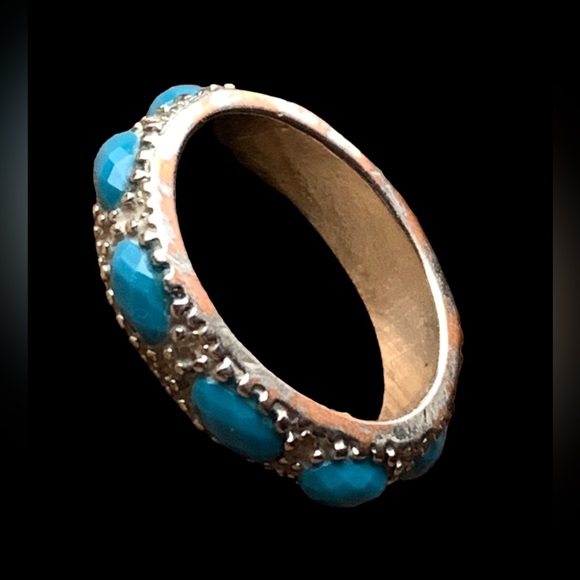 Turquoise Blue Faucet Stone Beaded Silver Plated Costume Ring Woman’s Jewelry - Picture 2 of 4